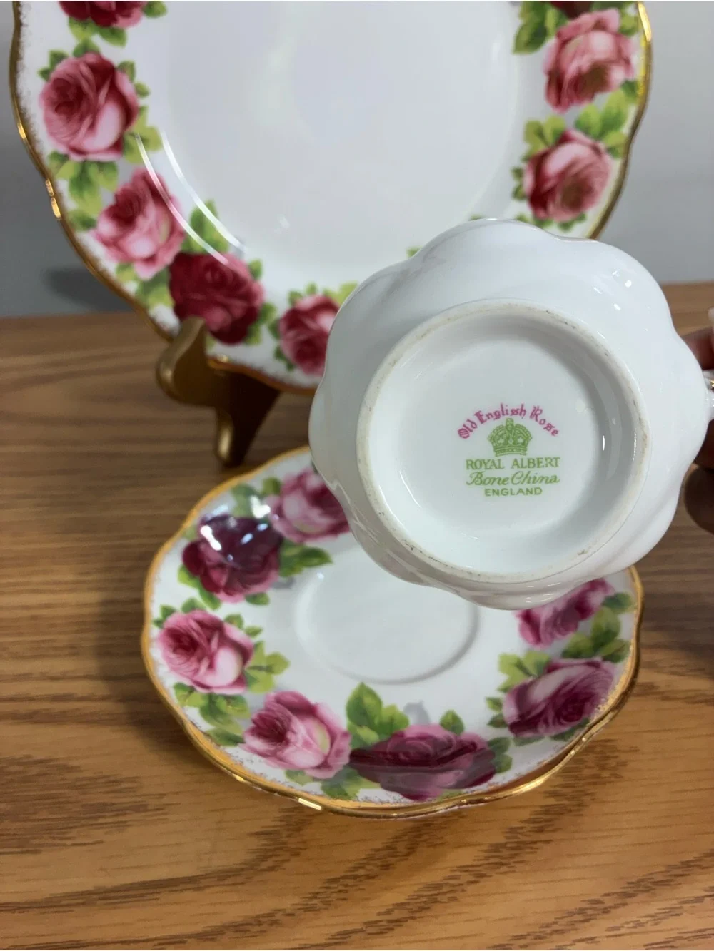 Royal Albert English Rose Pattern Teacup, Saucer & Plate – Pink and Burgundy